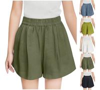 Summer Cotton Linen Shorts for Kids Girls UK Clearance Plain Casual Short Trousers Big Girl Wide Leg Linen Shorts with Pockets Elastic Waisted Pull On Half Pants Loose Sweatpants Trendy, 8-15 Years