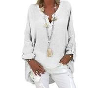 Summer Cotton Linen Tops for Women UK Flowy Flare Long Sleeve V Neck Loose Blouse Dressy Ligntweight Plus Size Shirts Oversized Tees Dressy Blouses Office Work Casual Blouse White