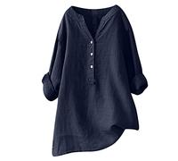 Summer Cotton Linen Tops for Women UK, Womens Casual 3/4 Sleeve Buttons V Neck Loose Blouse Dressy Ligntweight Plus Size Shirts Oversized Tees Dressy Blouses Office Work Blouse Navy