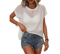 Summer Crochet Tops for Women 2025 Summer Sweaters Lightweight Beach Vacation Clothes for Women Hollow Capsleeve Crop Tops, White, M
