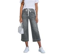 Summer Cropped Jeans for Women UK Wide Leg Denim 3/4 Length Trousers Elasticated Waist Cropped Trousers with Pockets Ladies Straight Leg Three Quarter Jeans Everyday Wear
