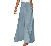 Summer Culottes Womens Wide Leg Pants Loose Fit Trousers with Pockets Ladies Beach Solid Elastic Waist Baggy Slacks Bottoms wth Pockets UK Going Out