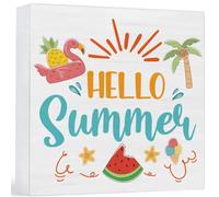 Summer Decor Hello Summer Wood Sign Beach Decorations Farmhouse Home Table Desk Decor (5 x 5 Inches)