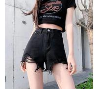 Summer Denim Shorts Women Korean Fashion Ripped Holes High Waist Short Jeans Female Casual Street Wide Leg Short Pants-black-M