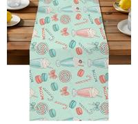 Summer Dessert Table Runner, Retro Vintage Green Pink Cream Sweets Candy Cane Cotton and Table Linen Runner for Kitchen Dining Home Decor for Party Festival Holiday Decoration Gift 13x48in