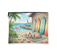 Summer Devon Rex Cat Beach Makeup Bag 7x9 Inch for Travel Pouch, Coastal Kitten Beachy Cottage Toiletry Cosmetic Pouch for Women, Fun Portable Canvas Zipper Organizer