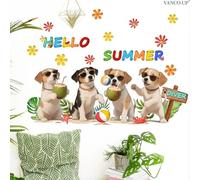 Summer Dog Window Clings Stickers - 6 Sheets 98 Pieces Tropical Beach Theme,Reusable Static Decals for Home Decor, Pet Party Supplies & Summer Decorations (M21790)