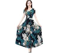 Summer Dress Casual Dresses Short Sleeve Waist Long Crew Neck Printed A-line Medium Length Dress Floral Pattern Maxi Dresses Women's Gift for Women, blue, M