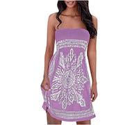 Summer Dress for Women Beach Cover Ups Boho Floral Print Sundress Strapless Off Shoulder Floral Ladies Short Bandeau Dresses 005 Purple XXL