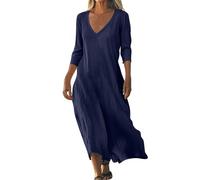 Summer Dress for Women Cotton Maxi Long Sleeve Dresses UK Elegant Flowy Solid Color 3/4 V Neck Linen Italian (Navy, XL)