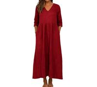 Summer Dress for Women Linen Dresses UK Plus Size Short Sleeve Oversized Flowy Solid Color 3/4 V Neck Cotton Maxi with Pockets Wine