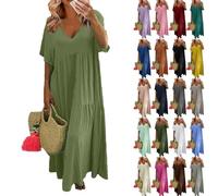 Summer Dress for Women Linen Shirt Tunic Casual Oversized Solid Color V Neck Short Sleeve Cotton Maxi with Big Hemline (Dark Green, 3XL)