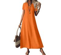 Summer Dress for Women Shift Dresses UK Made in Italy Linen Casual Solid Color V Neck Sleeveless/Short Sleeve Flowy Cotton Maxi Ladies (Orange, XL)