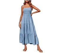 Summer Dress for Women UK Elegant Sleeveless Dress Plus Size Maxi Tiered A-Line Solid Spaghetti Straps Boho Swing Flowy Ladies Party Pleated Light Blue 5XL