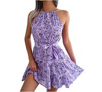 Summer Dress for Women UK Halter Round Neck Off Shoulder Hollow Out Dress Floral Printing Tunic Elegant High Waist Bohemian Pleated Swing Midi Beach Cover Ups