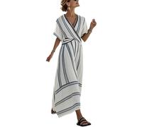 Summer Dress for Women UK Striped Shirts Dresses Boho Beach Maxi Dresses V Neck Half Sleeve Oversized Tunic Baggy Casual Long Dress Floaty Summer 3/4 Sleeve Sundress for Office Work