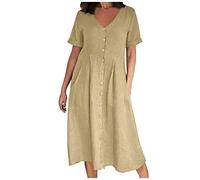 Summer Dress for Women UK Trendy Button V-Neck Cuff Short Sleeve Dresses with Pockets Casual Pleated Front Midi Dress Ladies Flowy A-Line Sundress Plus Size 2025 My Order