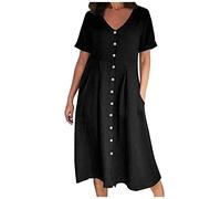 Summer Dress for Women UK Trendy Button V-Neck Cuff Short Sleeve Dresses with Pockets Casual Pleated Front Midi Dress Ladies Flowy A-Line Sundress Plus Size 2025 My Order