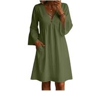 Summer Dress for Women UK V Neck 3/4 Sleeve Ruffle Dresses with Pockets Ladies Solid Color Boho Beach Midi Dresses Oversized Tunic Baggy Casual Long Dress Floaty Summer Sundress for Office Work