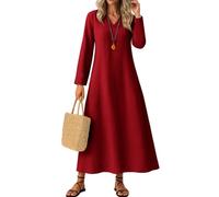 Summer Dress for Women Women's Linen Dresses Sleeveless UK Classic Flowy Solid Color Long Sleeve V Neck Cotton Maxi with Hemline Loose (Wine, XL)