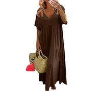 Summer Dress for Women Women's Linen Dresses UK Plus Size Casual Oversized Solid Color V Neck Short Sleeve Cotton Maxi with Big Hemline Ladies (Brown, S)