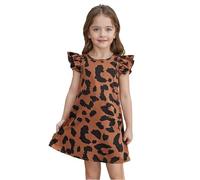 Summer Dress Girls Dress Girls Dresses Summer Casual Leopard Print Round Neck Flutter Sleeve Loose Fit Dress for Toddlers Aged 1-8 Years Comfortable Playwear Outfit, brown, 7-8 Years