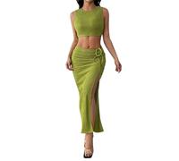 Summer Dress Women Two Piece Outfit Crop Tops Textured Ruched High Slit Maxi Skirt Beach Cover Up Casual Sundress Green
