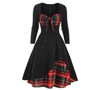 Summer Dress Women's Casual Plaid Print Gothic Dress Waist Contrast Splicing Double Breasted Swing Dress, black, L