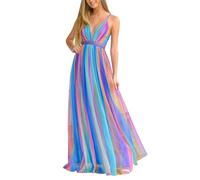 Summer Dress Women's Dress Long Casual Dress Spring Summer European American Border Foreign Trade Women Border Deep V Rainbow Chiffon Braces Dress, Hot Pink, M