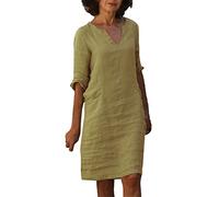 Summer Dress Women's Elegant Casual Boho Beach Dress Women's Knee-Length Cotton Linen Midi Dress V-Neck 3/4 Sleeve Blouse Dress Large Sizes Airy Tunic Dress Vintage Plain Casual Dress, khaki, M