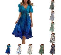 Summer Dress Womens Floral Printed Dresses 2025 Elegant V Neck Belted Summer Wedding Prom Cocktail Midi Dress Occasion Ruffle Sleeve Ladies Maxi Casual Beach Sundress A Blue