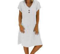 Summer Dress Women's Linen Dress Casual V-Neck Midi Dress Short Sleeve A-line Dress Beach Dress Without Accessories Pullover Dresses Women, White, 3XL