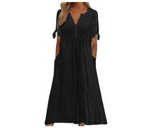 Summer Dress Women's Long Dress A Line Women's Party Dress Sexy V-Neck Mini Dress Elegant Hollow Embroidered Ruffle Dresses Short Sleeve Loose Ball Dress Casual Tunic Dress Comfortable Casual Dresses