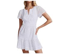 Summer Dress Women's Short Dress A Line Women's Ball Dresses V-Neck Mini Dress Hollow Embroidered Ruffle Dresses Bodycon Ball Dress Casual Tunic Dress Comfortable Casual Dresses Party Dress