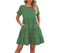 Summer Dress Women's Short Floral Dress Women's Boho Pleated Dress Knee-Length Dresses Round Neck with Floral Print Tiered Pleated Flower Dress Flowing Ball Dress Beach Tunic Dress Loose Casual
