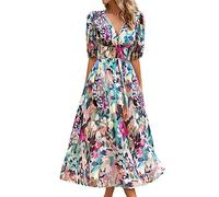 Summer Dress Women's Short Sleeve High Waist Elegant Printed Dress Funky V Neck Swing Dress Women's Beach Holiday Casual Dress Trendy Summer Beach Dress Women Party Dress A Line Dress, Green, L