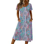 Summer Dress Women's Sommer Solid Color Crew Neck Short Sleeve Long Dresses Elegant Swing Maxi Dress Beach High Waist Sundress Bohemian A-Line Gown Boho Flowy Sundresses for Holiday with Pockets