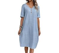 Summer Dress Women's V-Neck Linen Dresses Short Sleeve A-line Dress Midi Dress Beach Dress Casual Dress with Pockets, Light blue side pockets, M