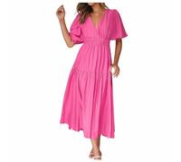 Summer Dress Women's V-Neck Maxi Dress Short Sleeve Beach Dress Long Swing Flowy Dresses with Slit Elegant Floral Pattern Wrap Dress Boho Ruffle Hem A-line Maxi Dresses, O Hot Pink, M