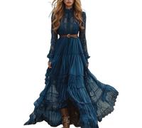Summer Dress Women's Vintage Western Maxi Dress Sexy V-Neck Casual Loose Long Sleeve Rustic Style Flowing Dress Country Flower Dress Lace A-Line Swing Ruffle Dress Without Belt, blue, XXL
