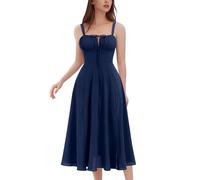 Summer Dresses Boho Floral Sundress for Women - Victorian Casual A-Line Sleeveless Spaghetti Strap, Floral Bust Corset Midi Dress with Slit, for Beach Holiday, Festival Party, Wedding Dark Blue S