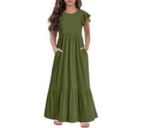 Summer Dresses for Girls Tiered Ruffle Short Sleeve A Line Dress Kids Round Neck Maxi Pleated Boho Beach Dresses Teen Solid Ankle Length School Vacation Dress