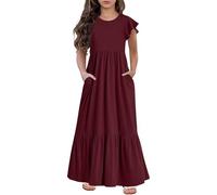Summer Dresses for Girls Tiered Ruffle Short Sleeve A Line Dress Kids Round Neck Maxi Pleated Boho Beach Dresses Teen Solid Ankle Length School Vacation Dress