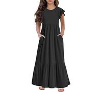 Summer Dresses for Girls Tiered Ruffle Short Sleeve A Line Dress Kids Round Neck Maxi Pleated Boho Beach Dresses Teen Solid Ankle Length School Vacation Dress