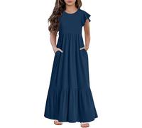 Summer Dresses for Girls Tiered Ruffle Short Sleeve A Line Dress Kids Round Neck Maxi Pleated Boho Beach Dresses Teen Solid Ankle Length School Vacation Dress