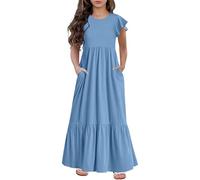 Summer Dresses for Girls Tiered Ruffle Short Sleeve A Line Dress Kids Round Neck Maxi Pleated Boho Beach Dresses Teen Solid Ankle Length School Vacation Dress