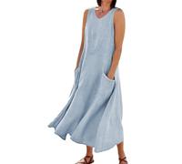 Summer Dresses for Older Women Summer Cotton Linen Solid Color Crew Neck Sleeveless Dresses Tunic Tank Dress with Pockets Plus Size Occasion Dress (Blue, 4XL)