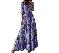 Summer Dresses for Women 2024 Party Elegant Boho Floral Print Dress V-Neck Half Sleeve Maxi Dresses Ladies Trendy Tunic Dresses Beach Holiday High Waist Swing Flowy Sundress Long Dresses Plus Size