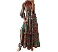 Summer Dresses for Women 2024 Party Elegant Boho Floral Print Dress V-Neck Half Sleeve Maxi Dresses Ladies Trendy Tunic Dresses Beach Holiday High Waist Swing Flowy Sundress Long Dresses Plus Size