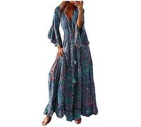 Summer Dresses for Women 2024 Party Elegant Boho Floral Print Dress V-Neck Half Sleeve Maxi Dresses Ladies Trendy Tunic Dresses Beach Holiday High Waist Swing Flowy Sundress Long Dresses Plus Size